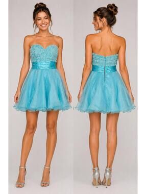 Martini Homecoming Prom Floral Appliqué Dress Aqua Blue sz 12 M NWT Ruffle $800